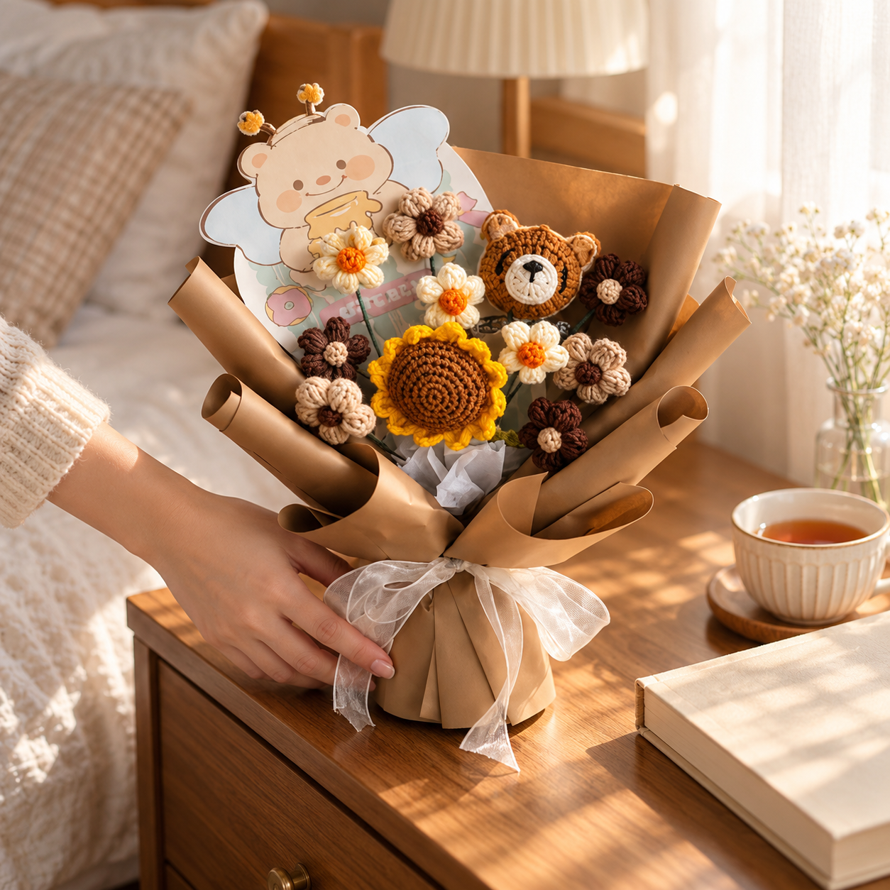 Handmade Crochet Teddy Sunflower Bouquet