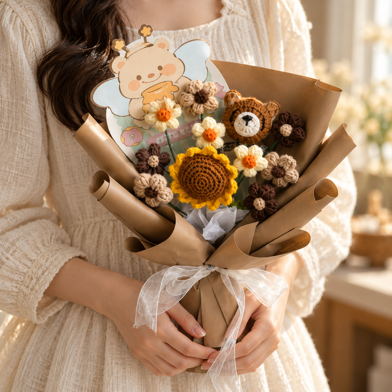 Handmade Crochet Teddy Sunflower Bouquet