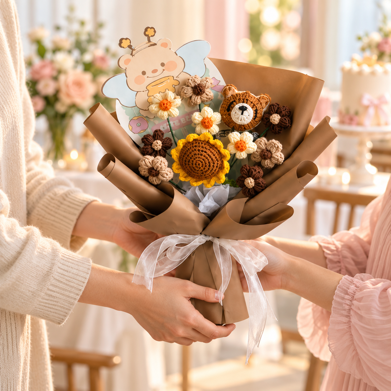 Handmade Crochet Teddy Sunflower Bouquet