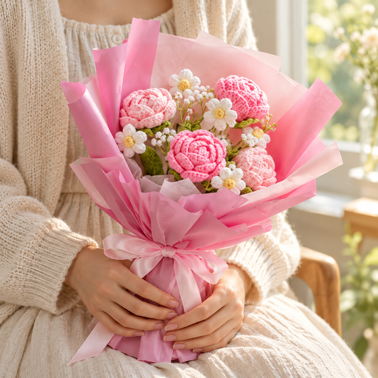 Handmade Crochet Pink Rose Bouquet