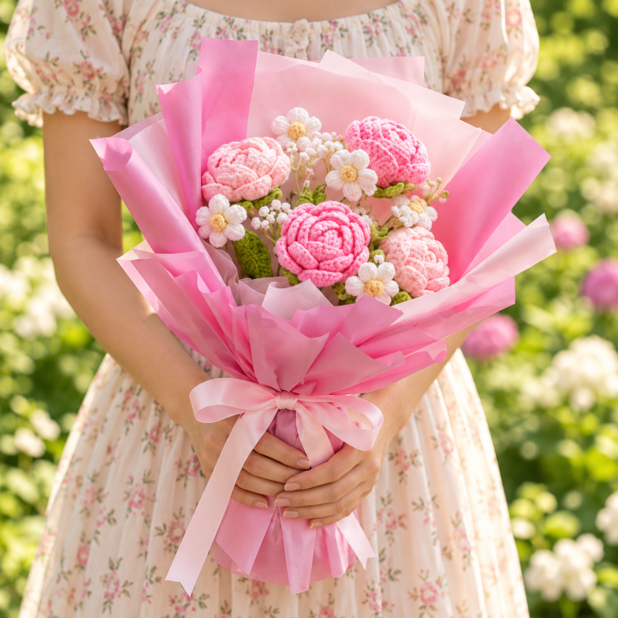 Handmade Crochet Pink Rose Bouquet