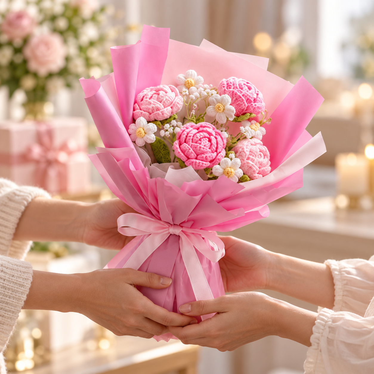 Handmade Crochet Pink Rose Bouquet