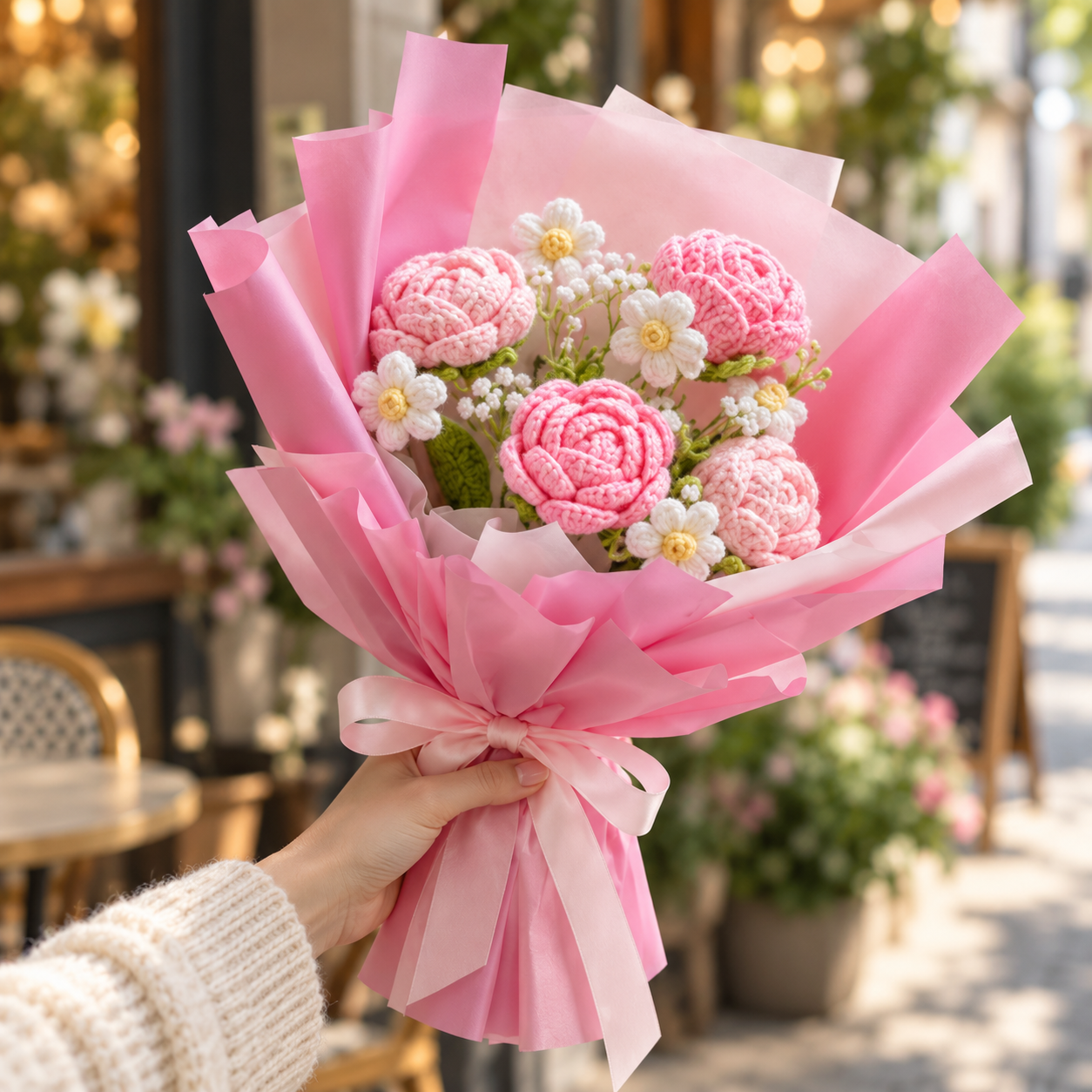 Handmade Crochet Pink Rose Bouquet