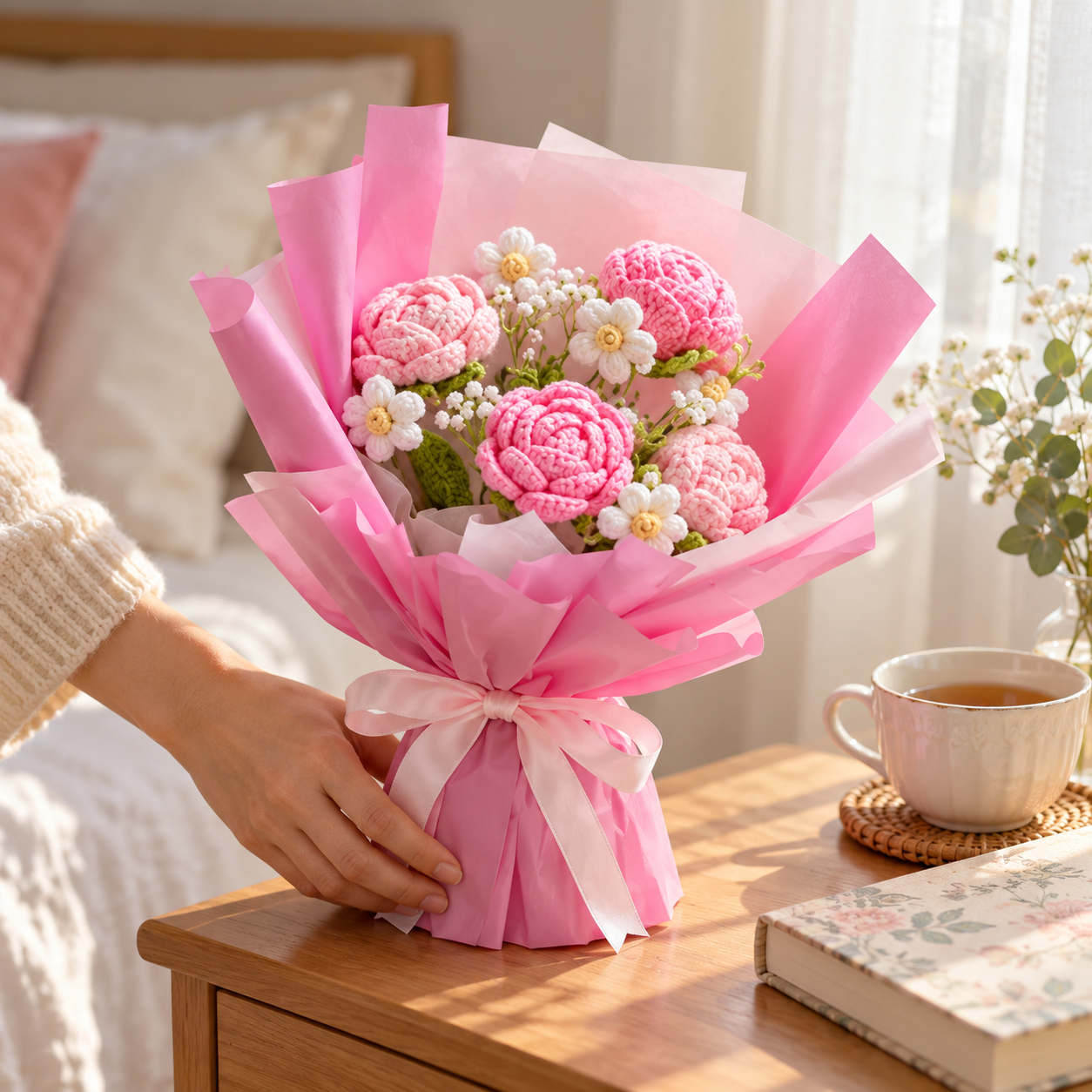 Handmade Crochet Pink Rose Bouquet