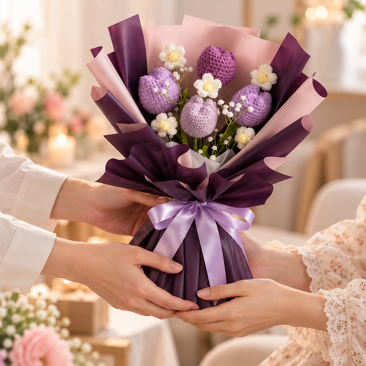 Handmade Crochet Purple Tulip Bouquet