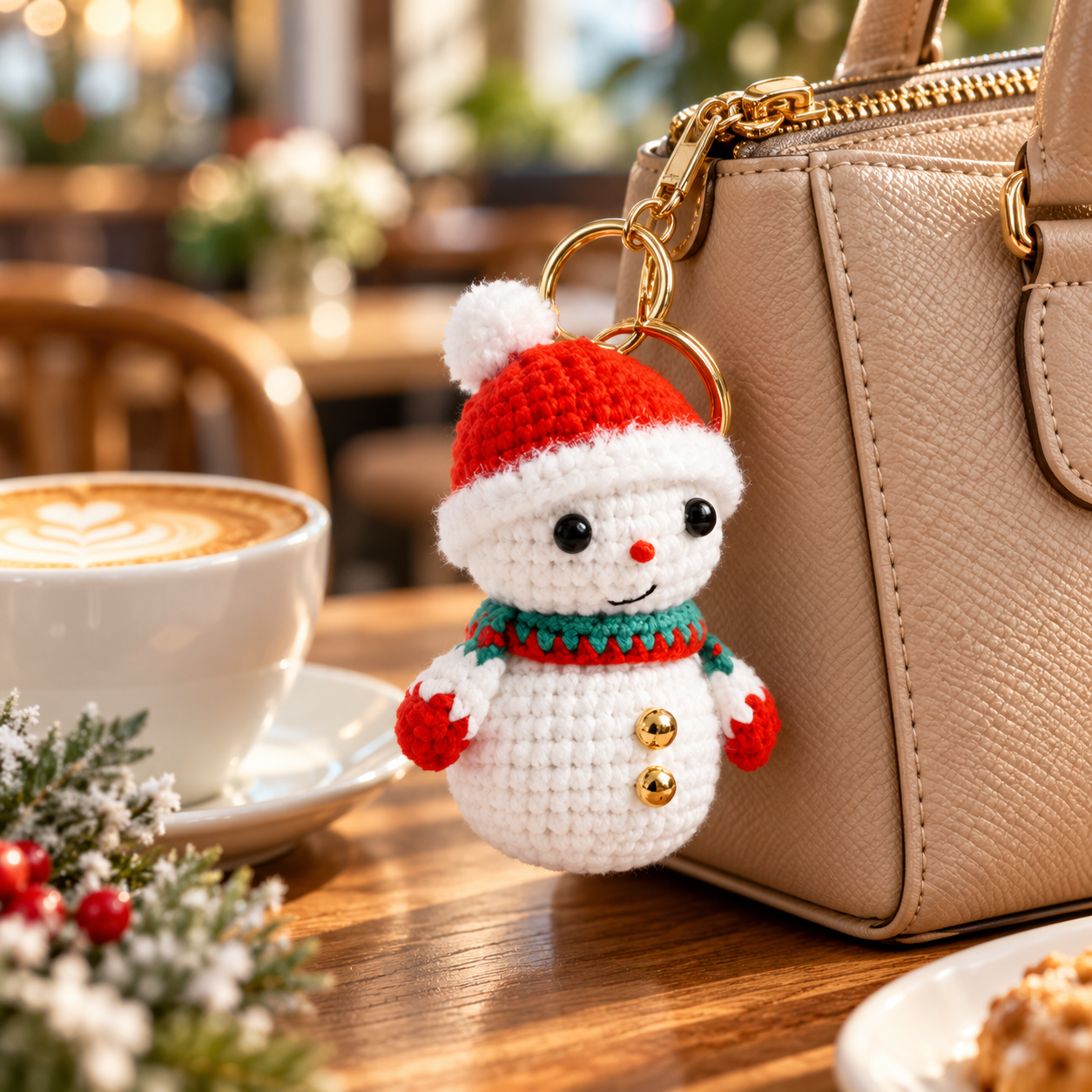 Handmade Crochet Christmas Snowman Keyring