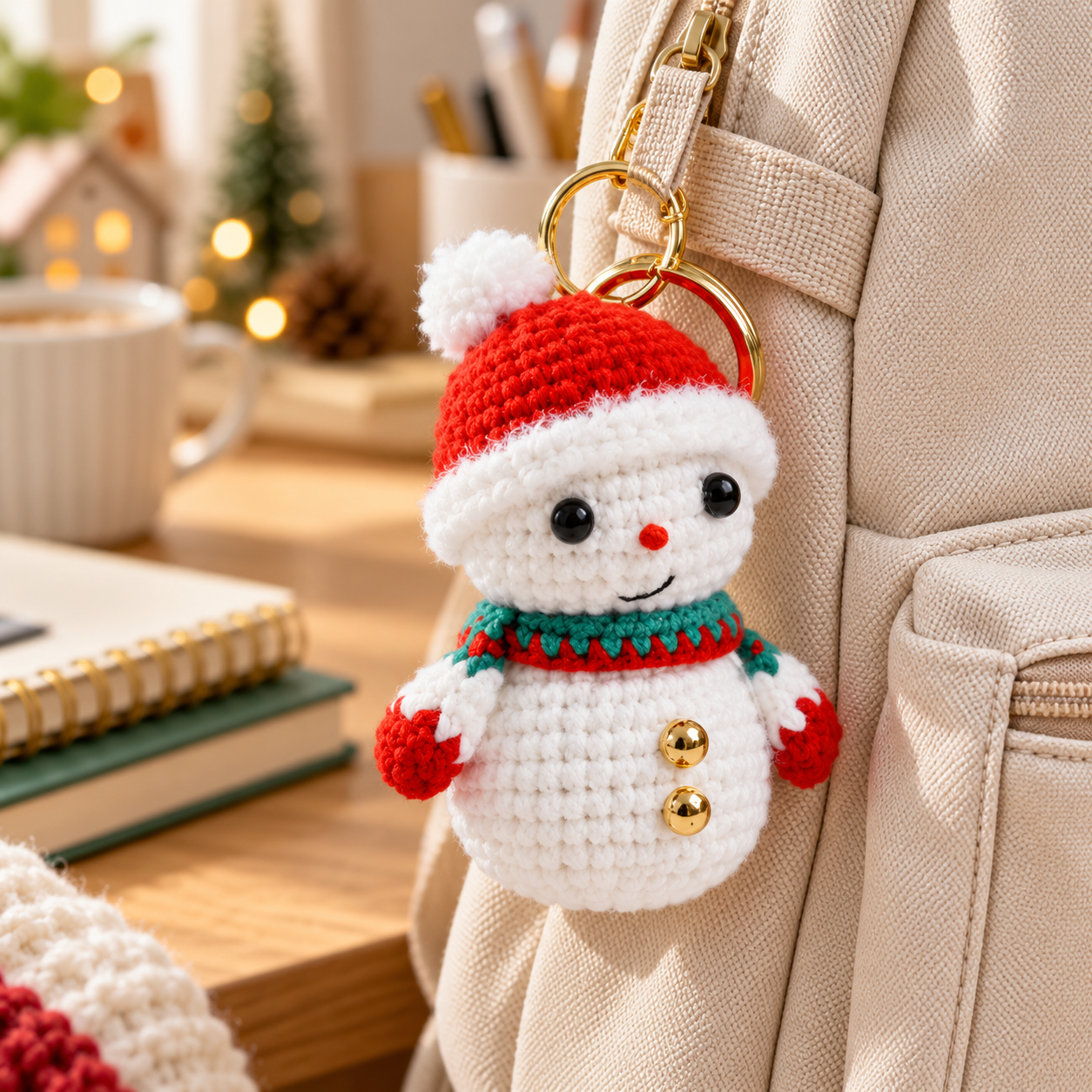 Handmade Crochet Christmas Snowman Keyring