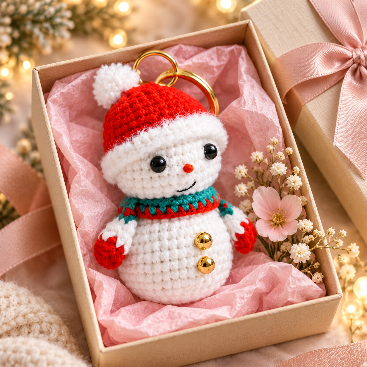 Handmade Crochet Christmas Snowman Keyring