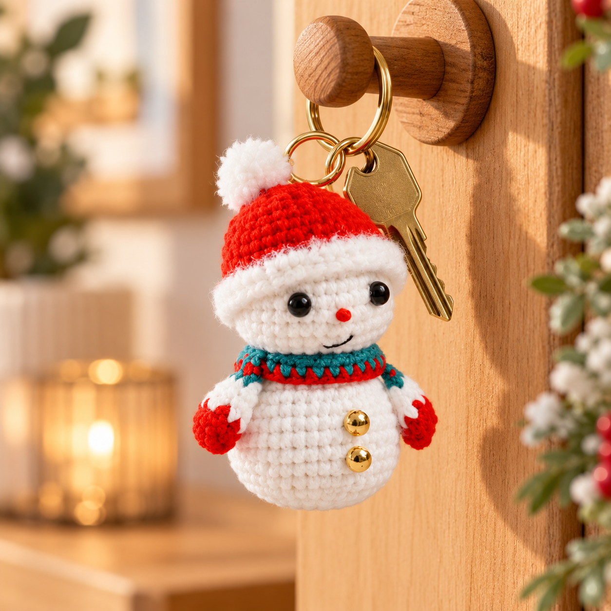 Handmade Crochet Christmas Snowman Keyring