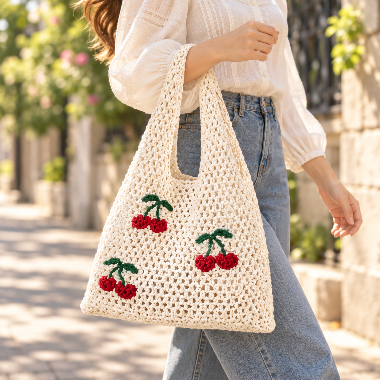 Handmade Crochet Cherry Tote Bag