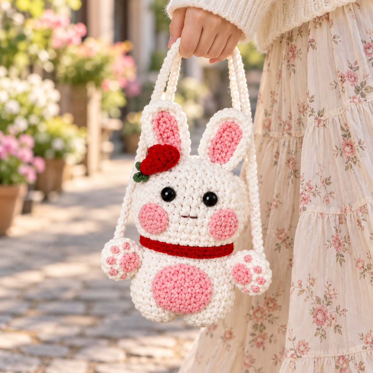 Handmade Crochet Bunny Drawstring Crossbody Bag