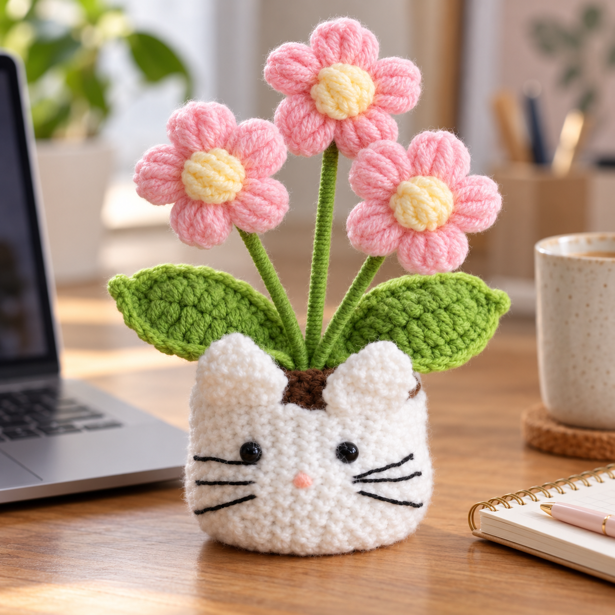 Handmade Crochet Cat Daisy Flower Pot