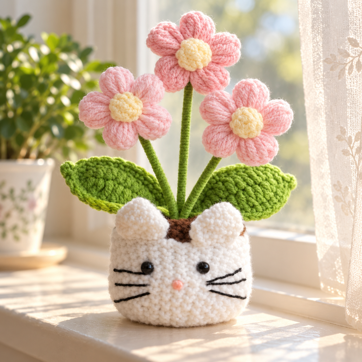 Handmade Crochet Cat Daisy Flower Pot