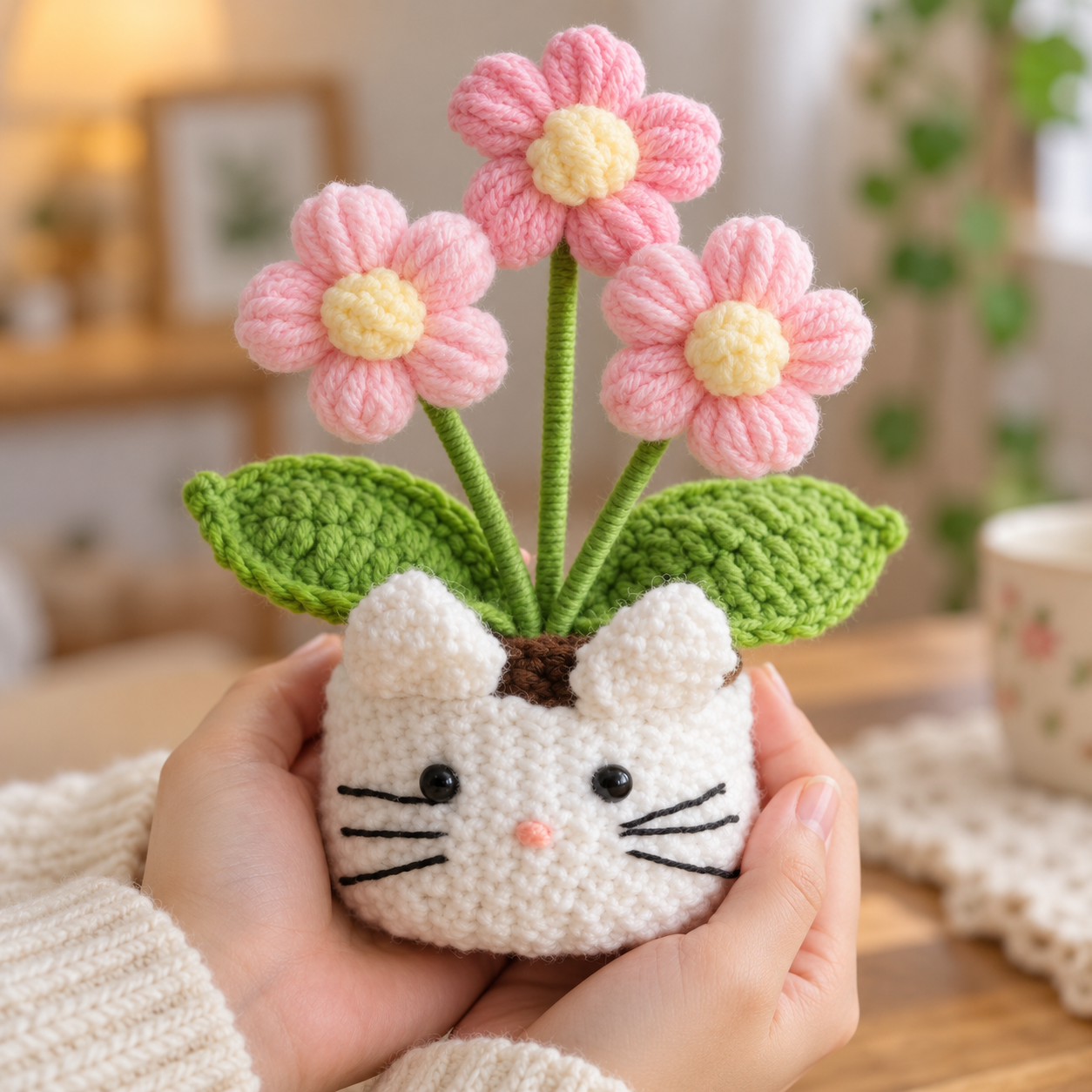 Handmade Crochet Cat Daisy Flower Pot