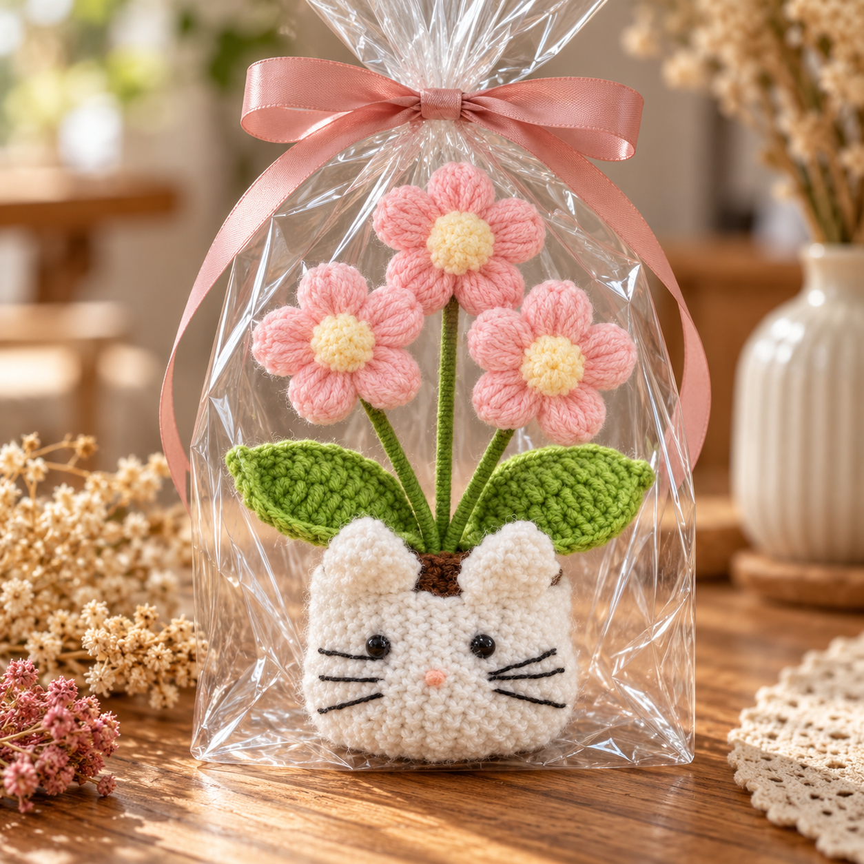 Handmade Crochet Cat Daisy Flower Pot