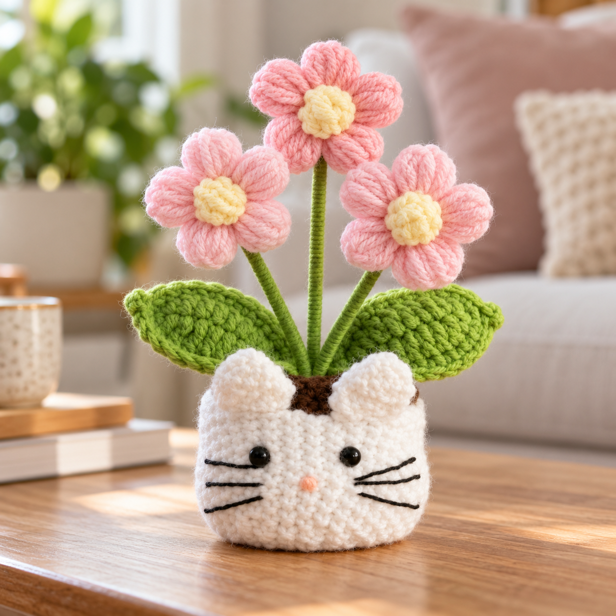 Handmade Crochet Cat Daisy Flower Pot
