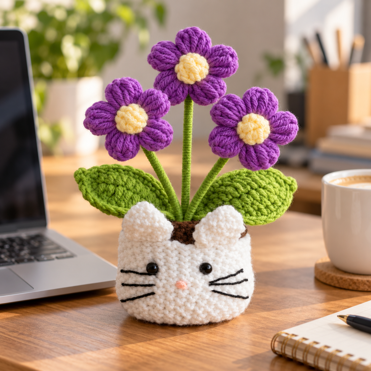 Handmade Crochet Cat Daisy Flower Pot