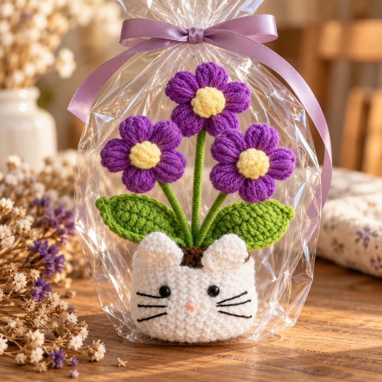 Handmade Crochet Cat Daisy Flower Pot