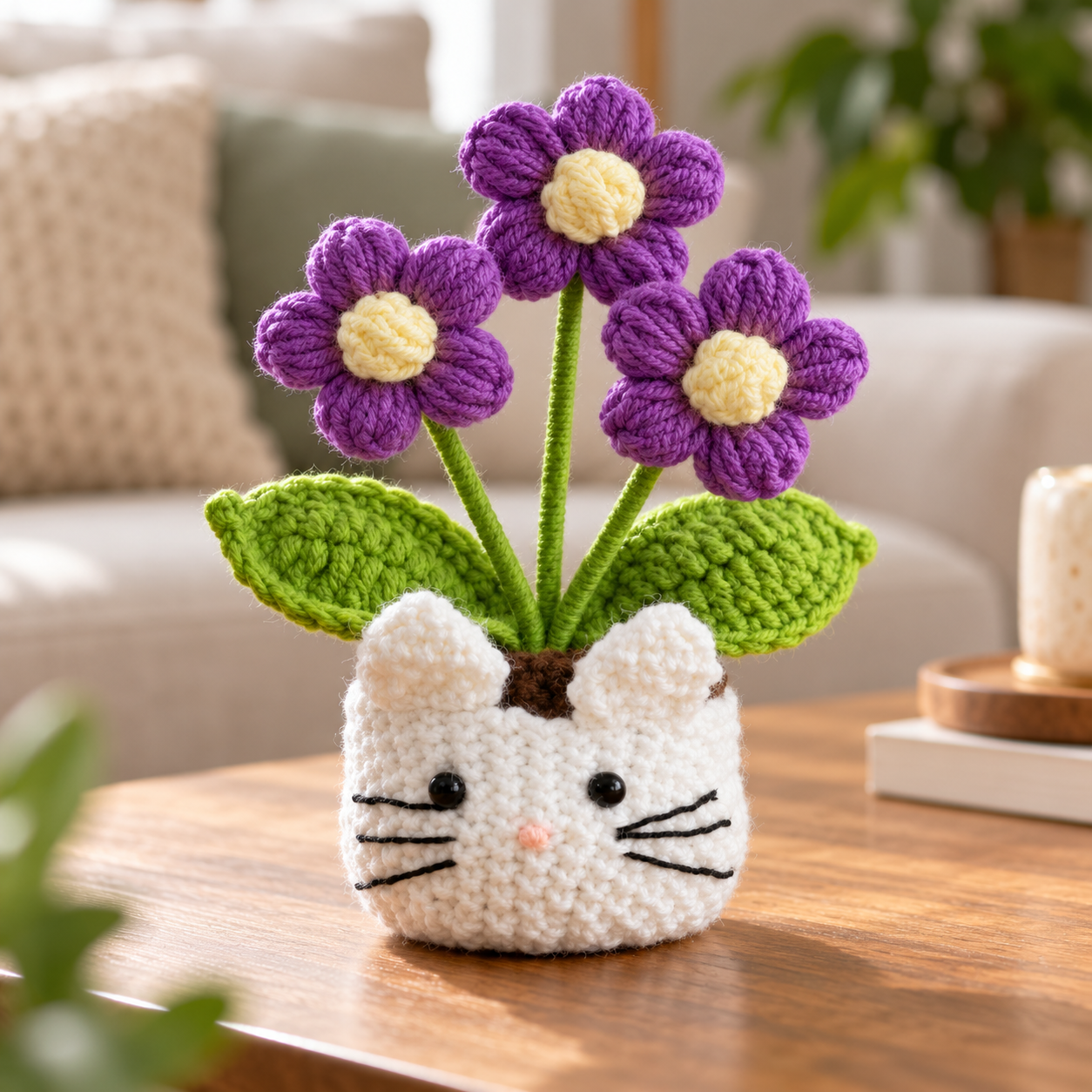 Handmade Crochet Cat Daisy Flower Pot