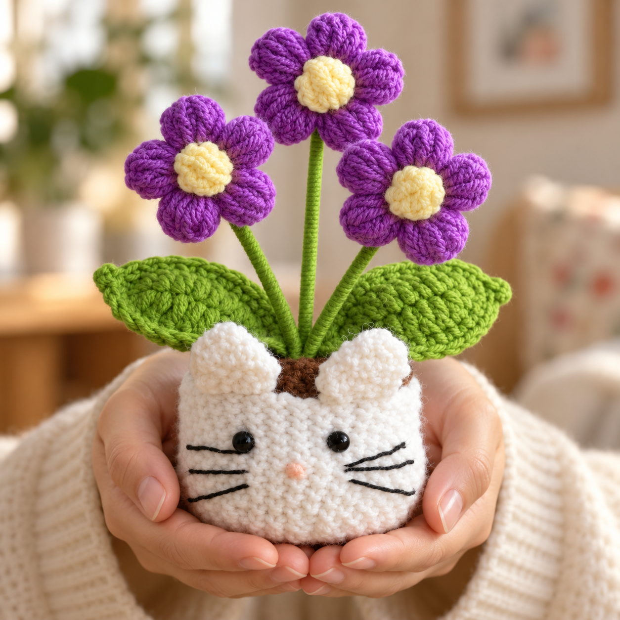 Handmade Crochet Cat Daisy Flower Pot