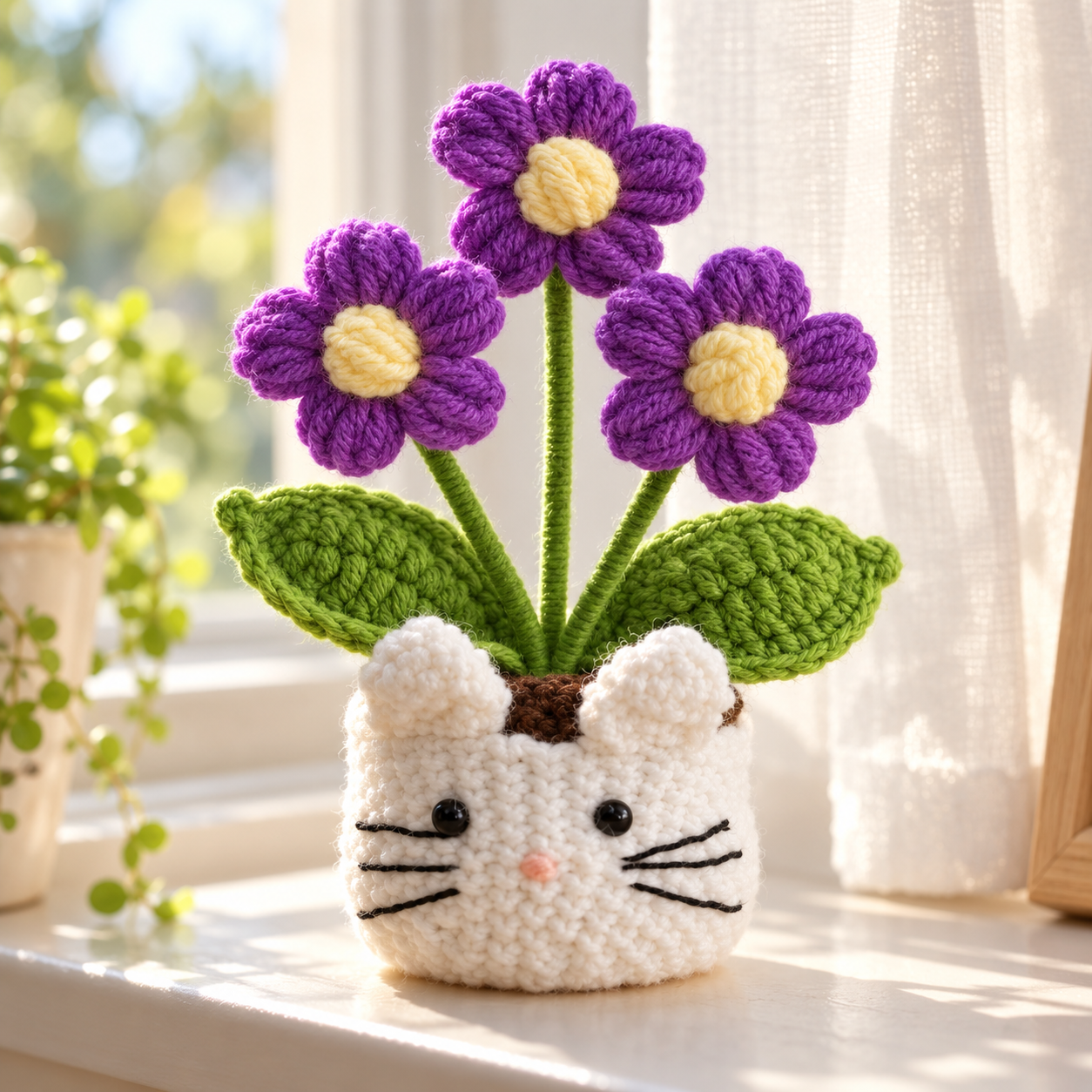Handmade Crochet Cat Daisy Flower Pot