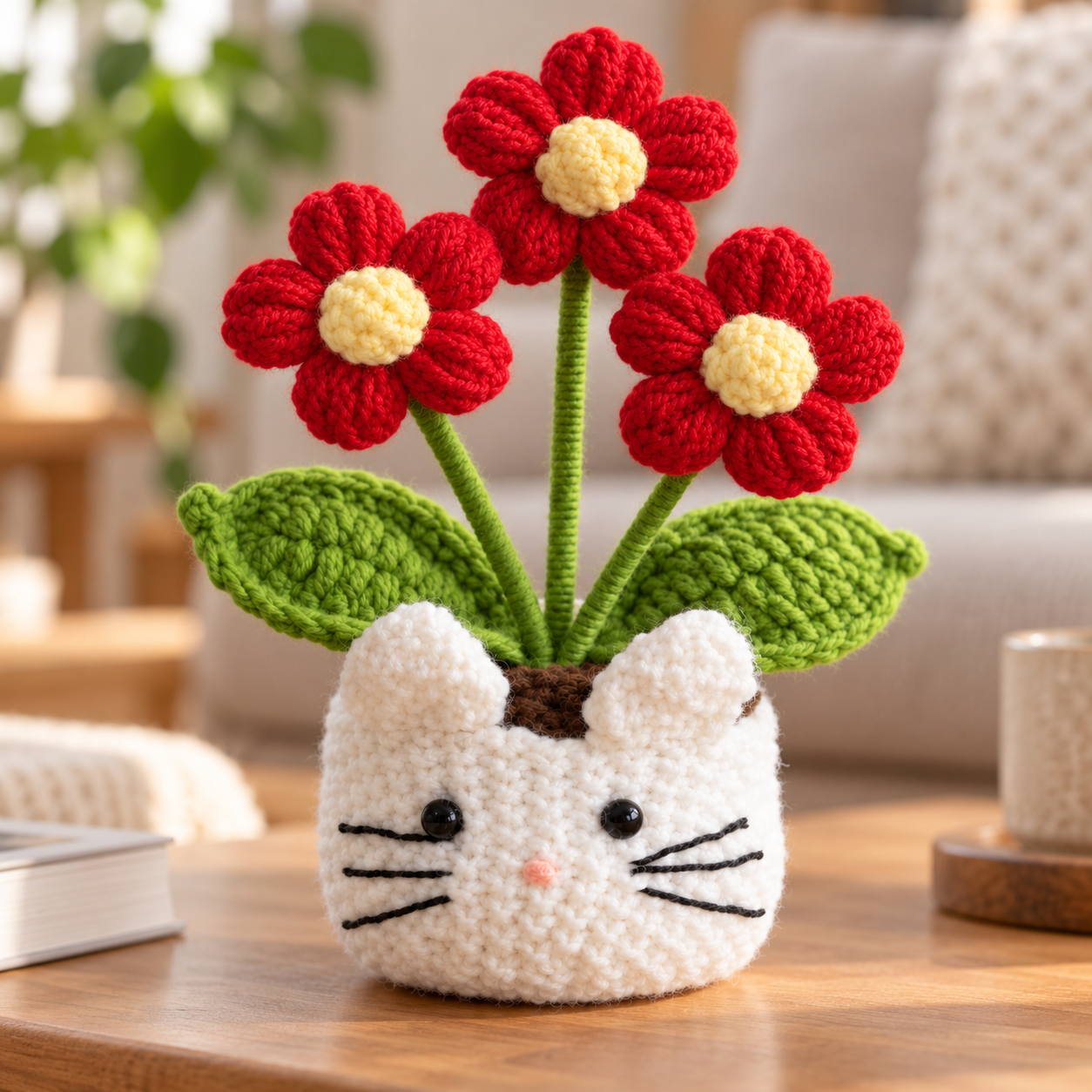 Handmade Crochet Cat Daisy Flower Pot