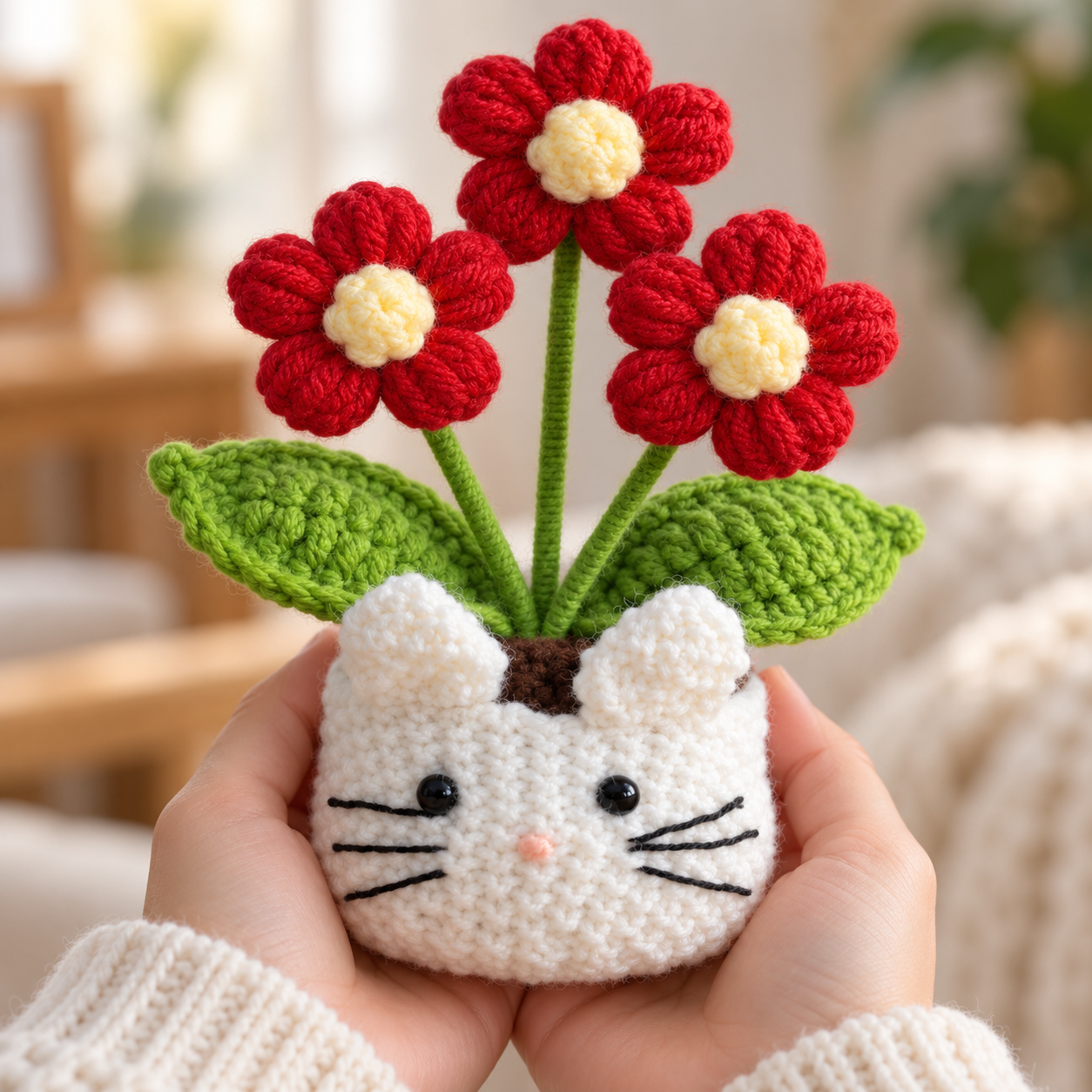Handmade Crochet Cat Daisy Flower Pot