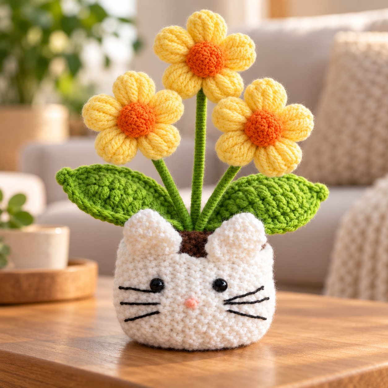 Handmade Crochet Cat Daisy Flower Pot