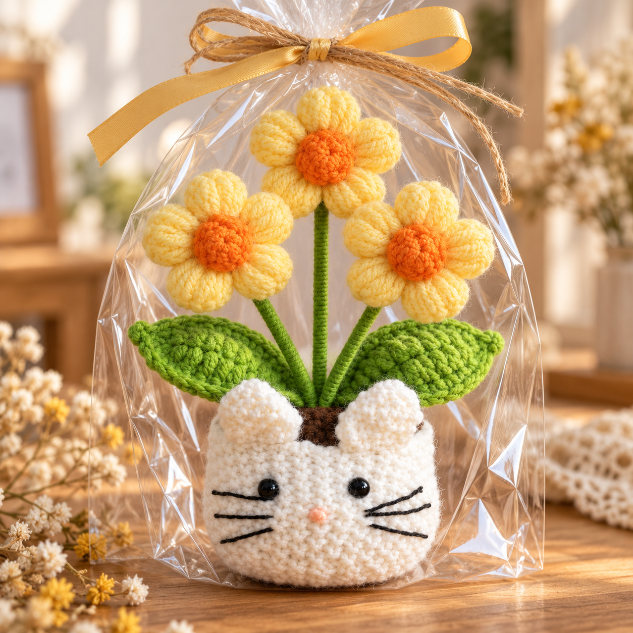 Handmade Crochet Cat Daisy Flower Pot