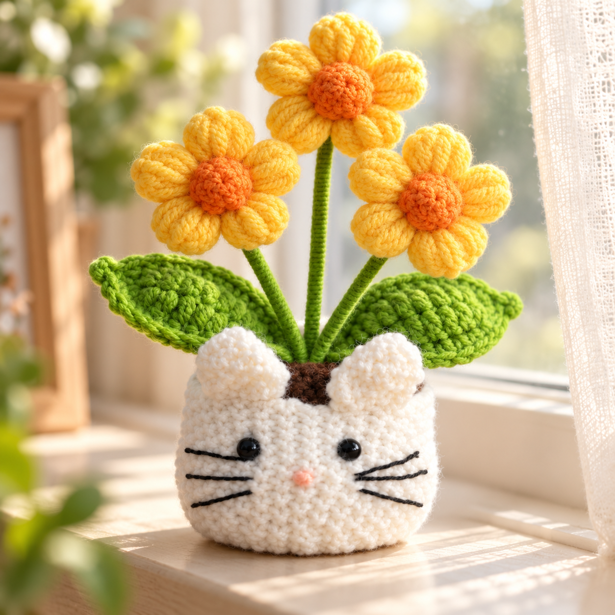 Handmade Crochet Cat Daisy Flower Pot