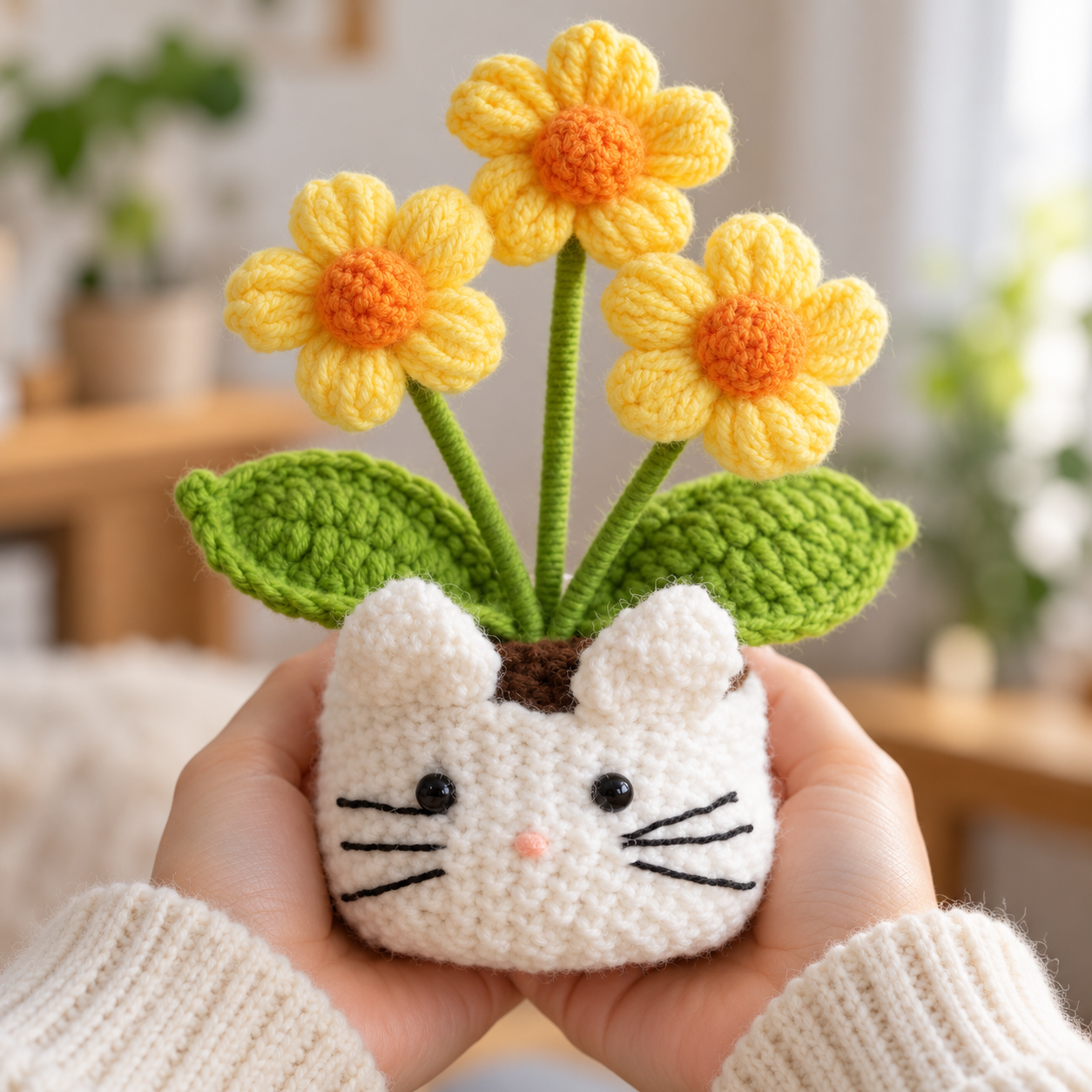 Handmade Crochet Cat Daisy Flower Pot