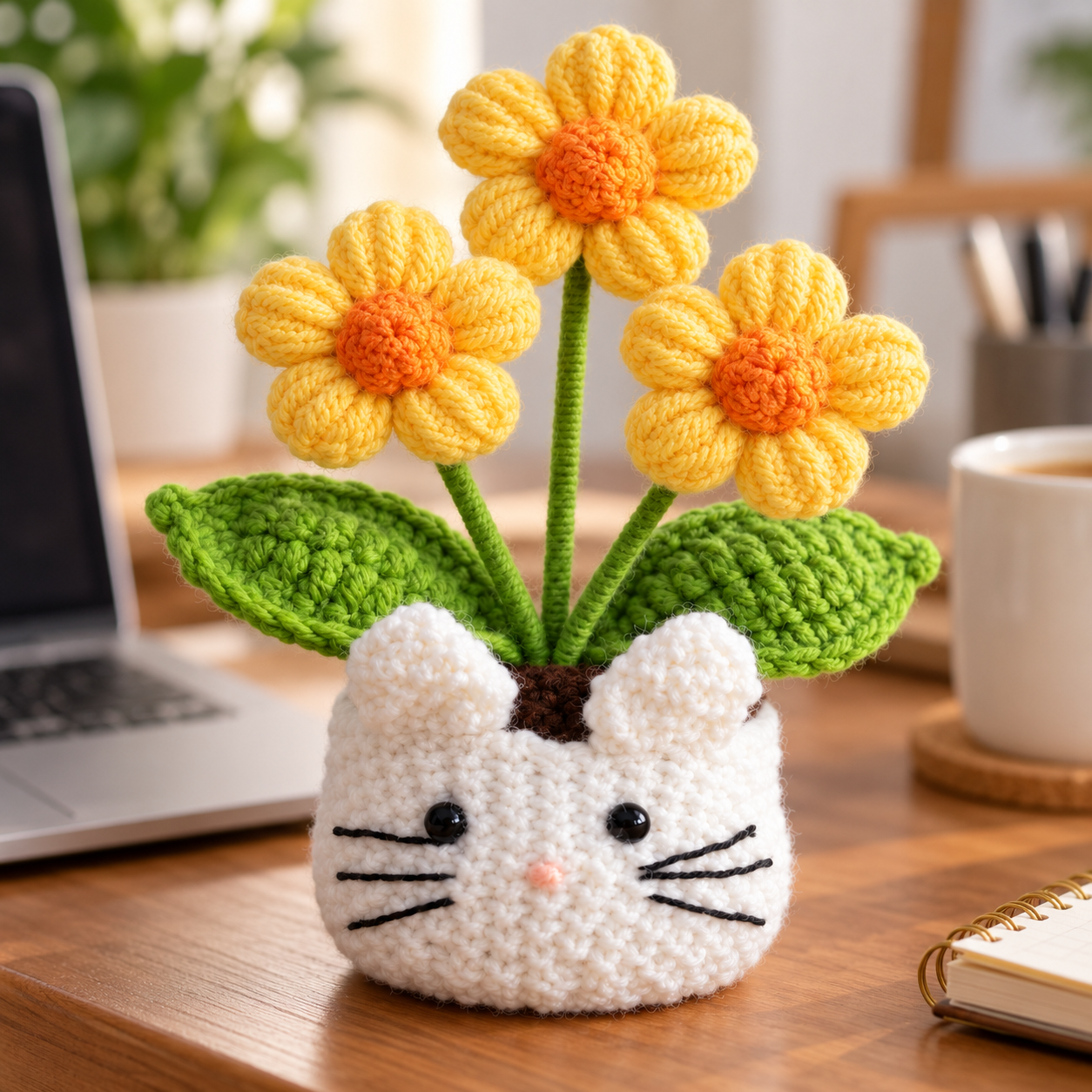 Handmade Crochet Cat Daisy Flower Pot