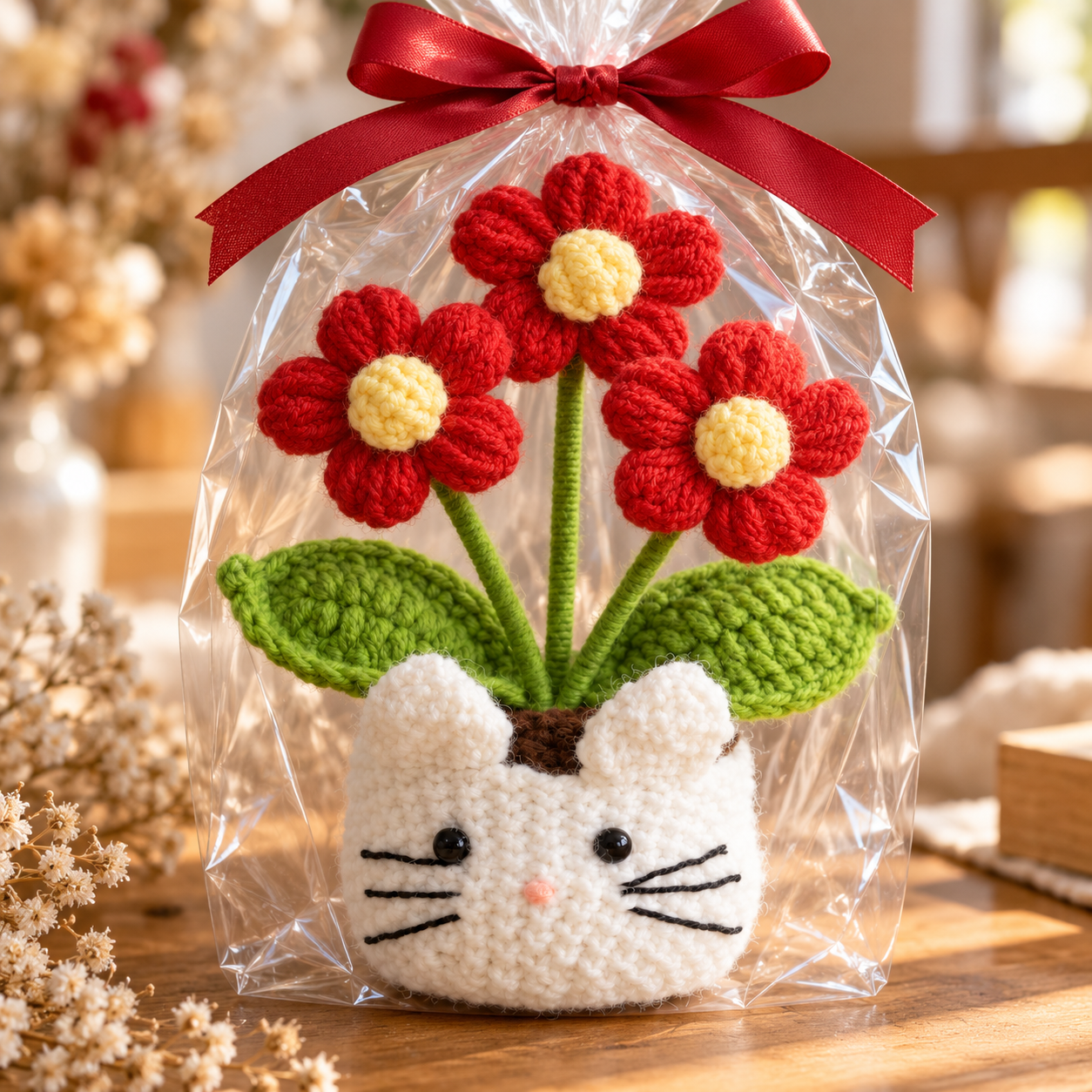 Handmade Crochet Cat Daisy Flower Pot