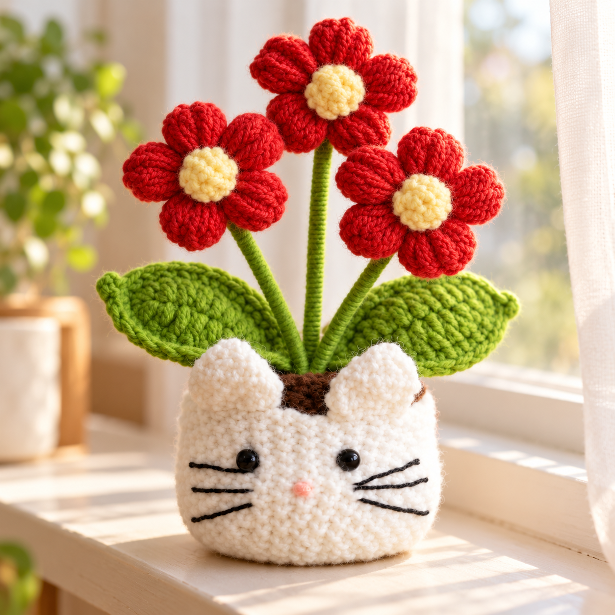 Handmade Crochet Cat Daisy Flower Pot