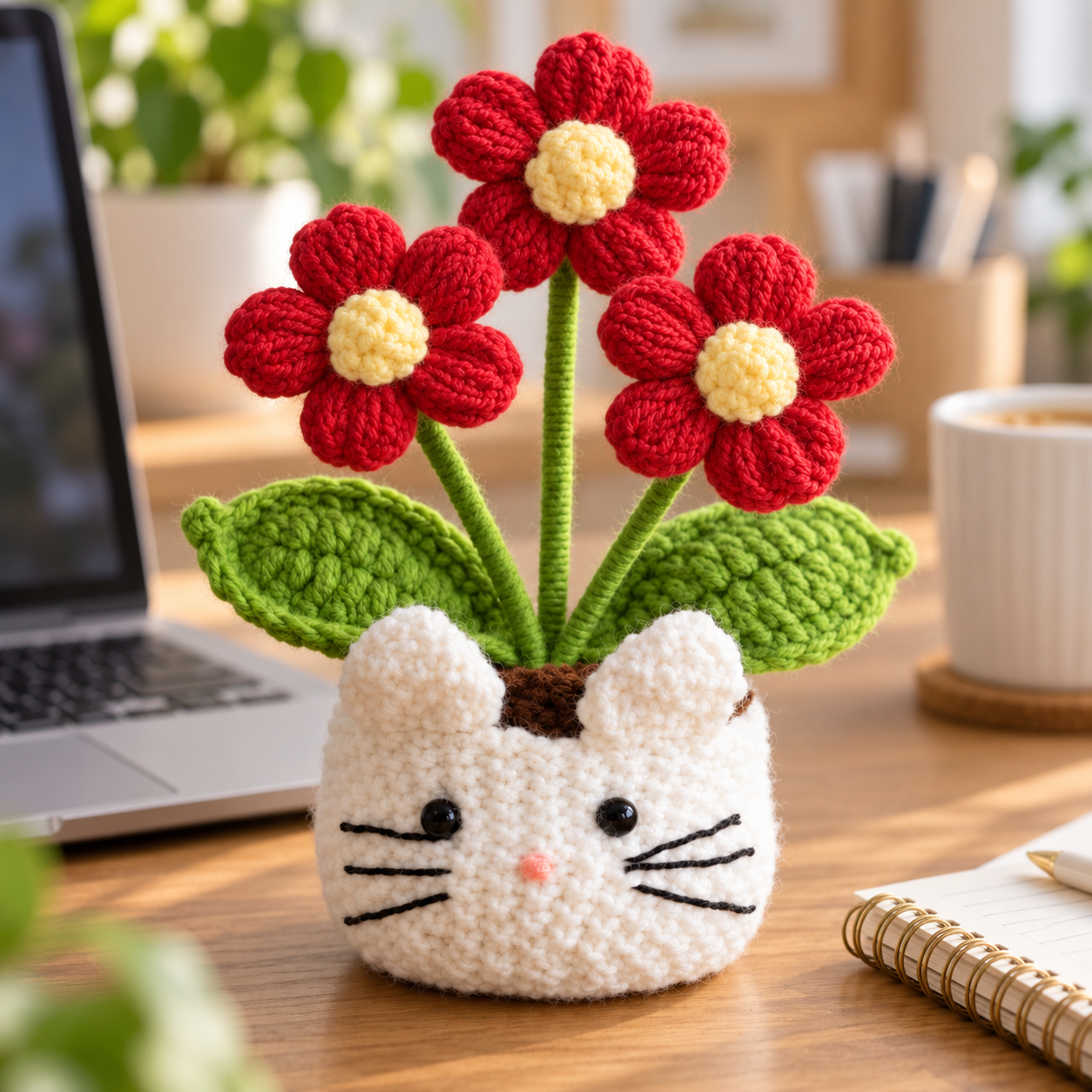 Handmade Crochet Cat Daisy Flower Pot