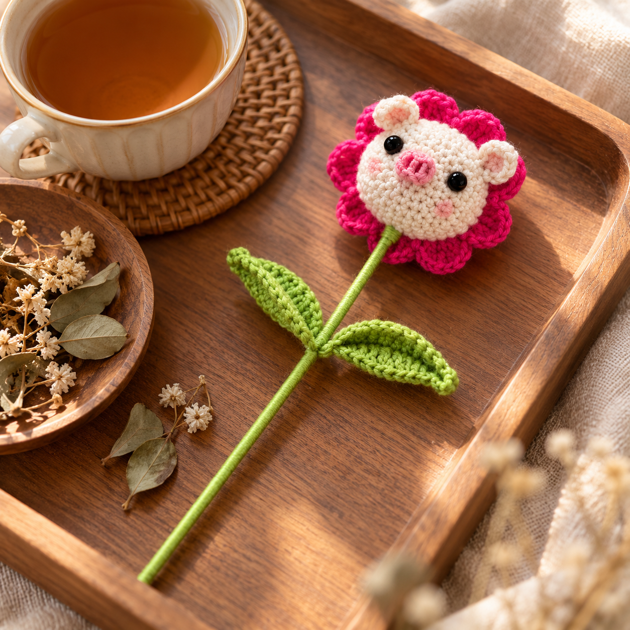 Handmade Crochet Pig Flower Stem