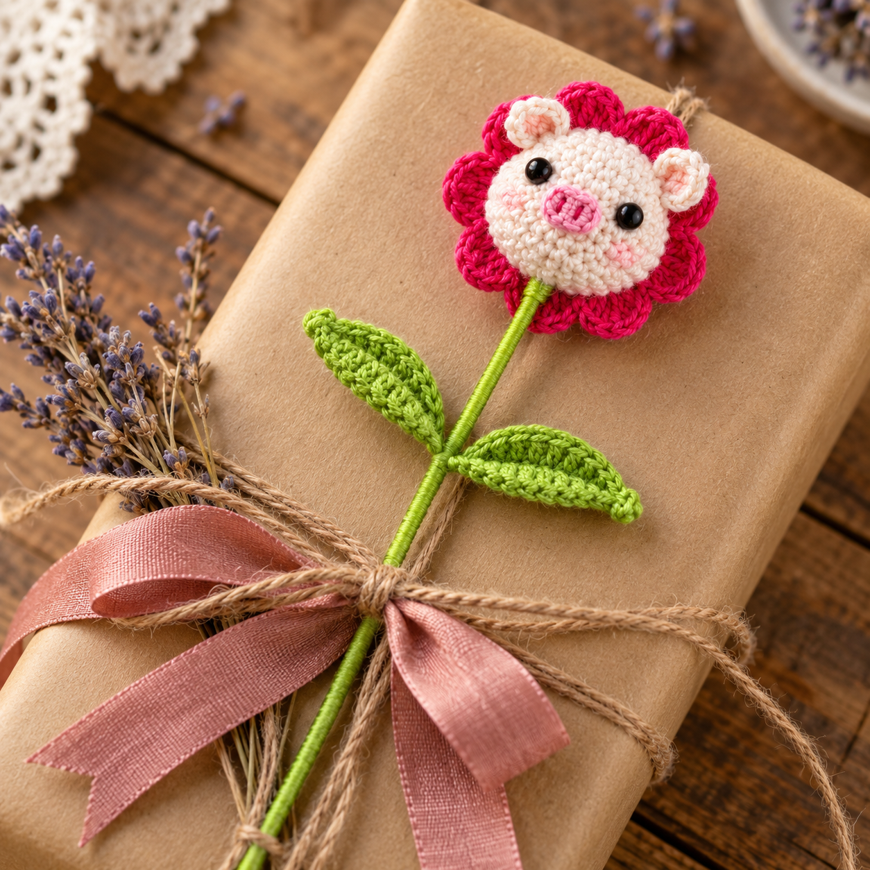 Handmade Crochet Pig Flower Stem