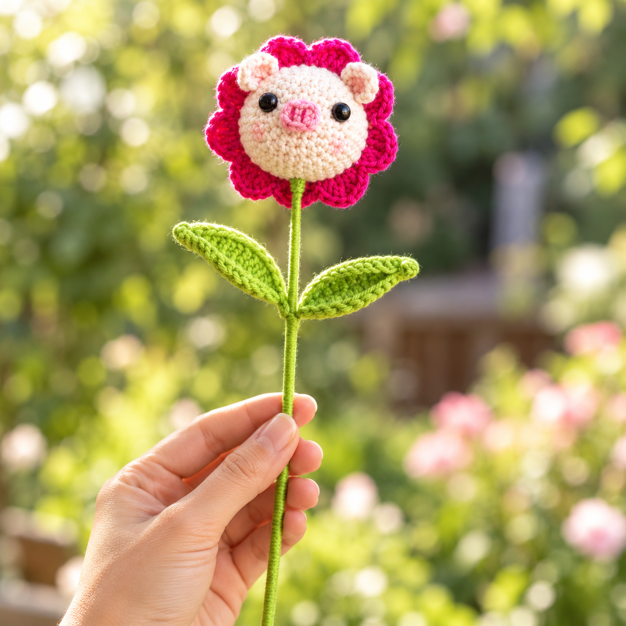 Handmade Crochet Pig Flower Stem