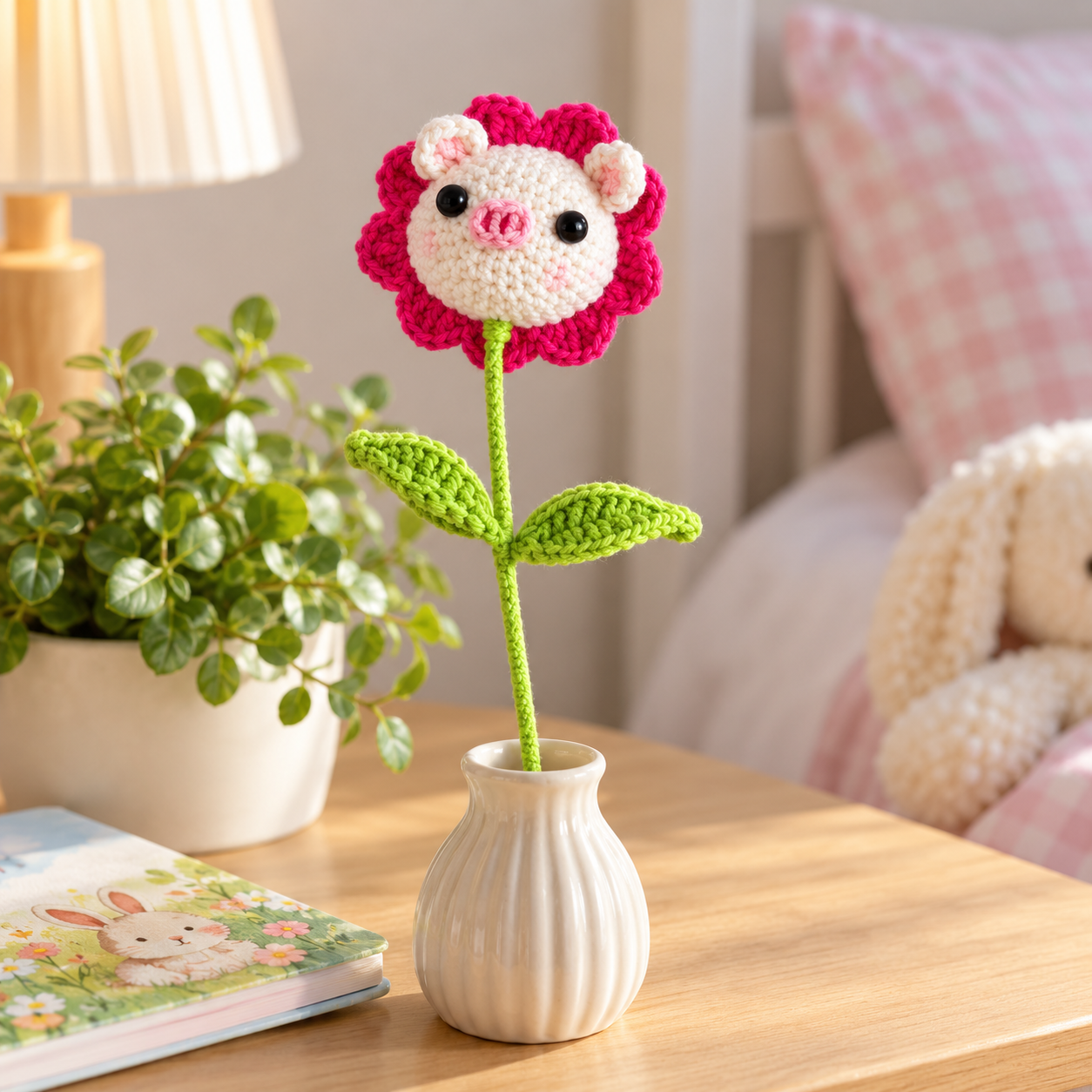 Handmade Crochet Pig Flower Stem