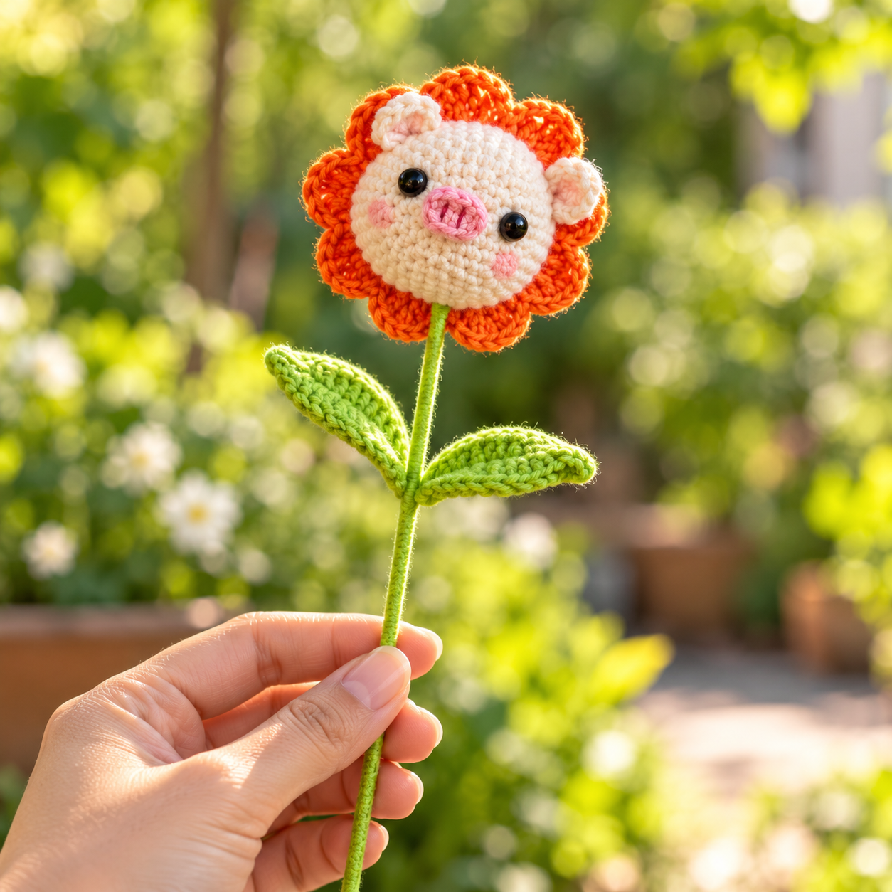 Handmade Crochet Pig Flower Stem
