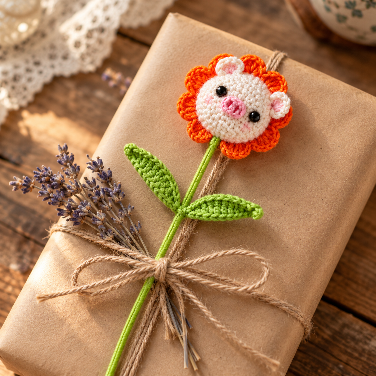 Handmade Crochet Pig Flower Stem