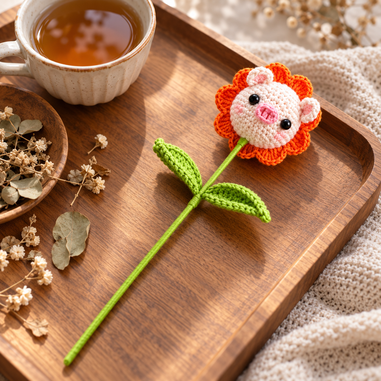 Handmade Crochet Pig Flower Stem