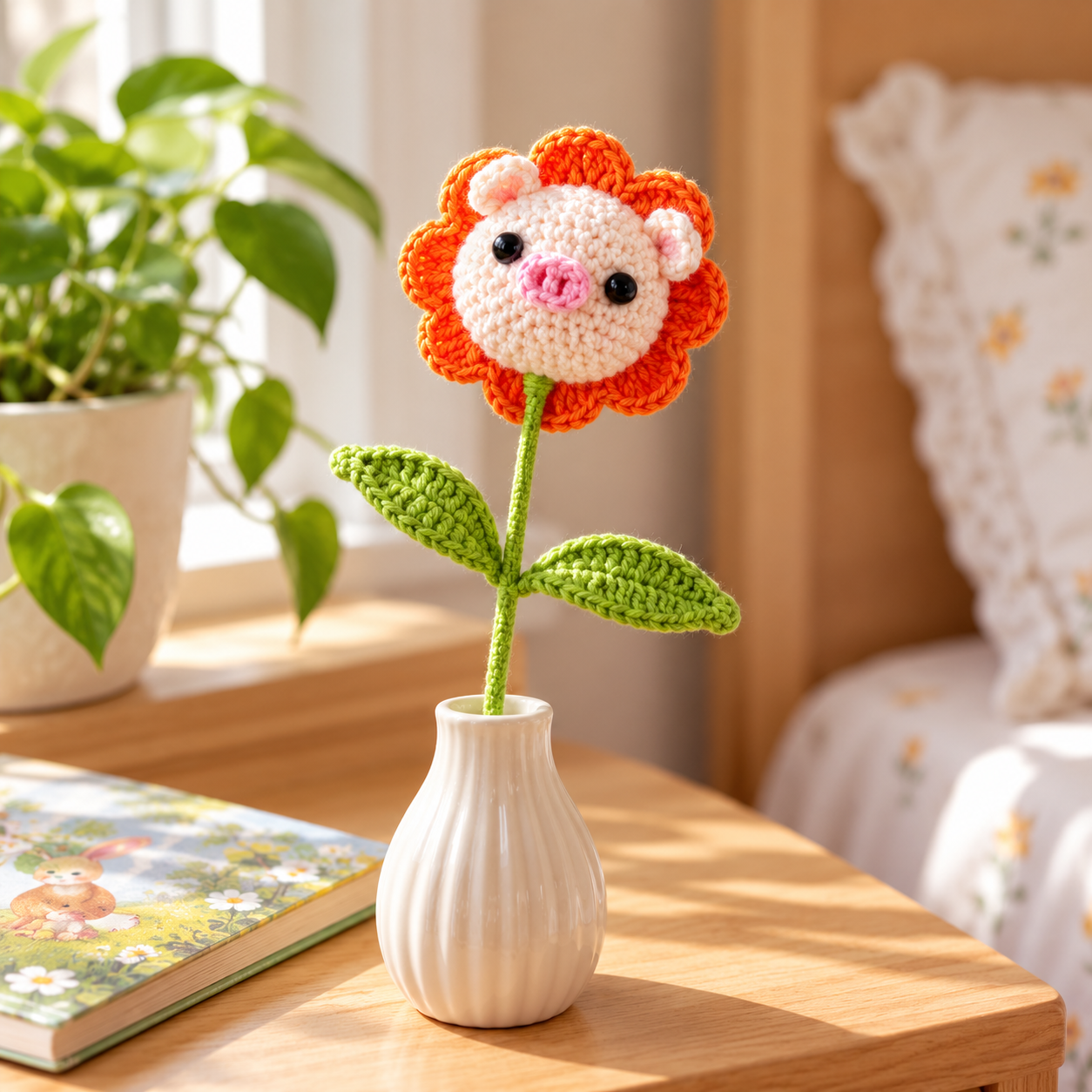 Handmade Crochet Pig Flower Stem