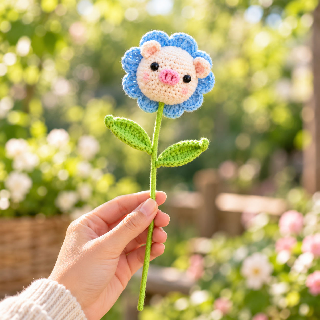 Handmade Crochet Pig Flower Stem