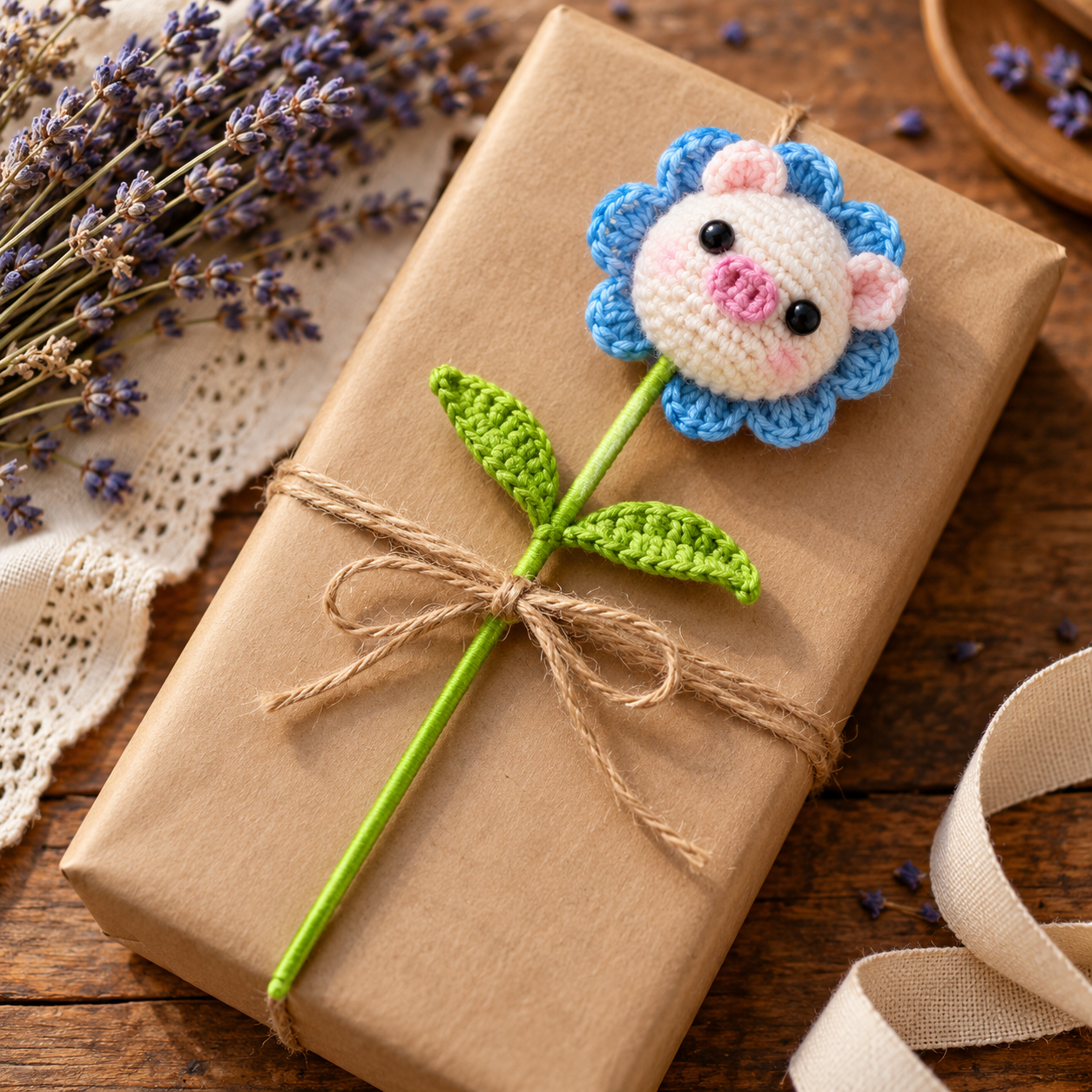 Handmade Crochet Pig Flower Stem