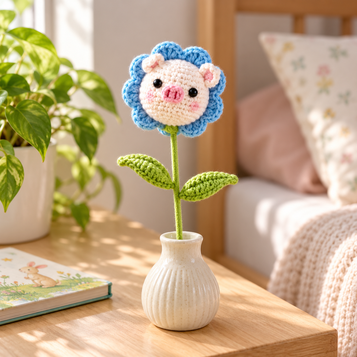 Handmade Crochet Pig Flower Stem