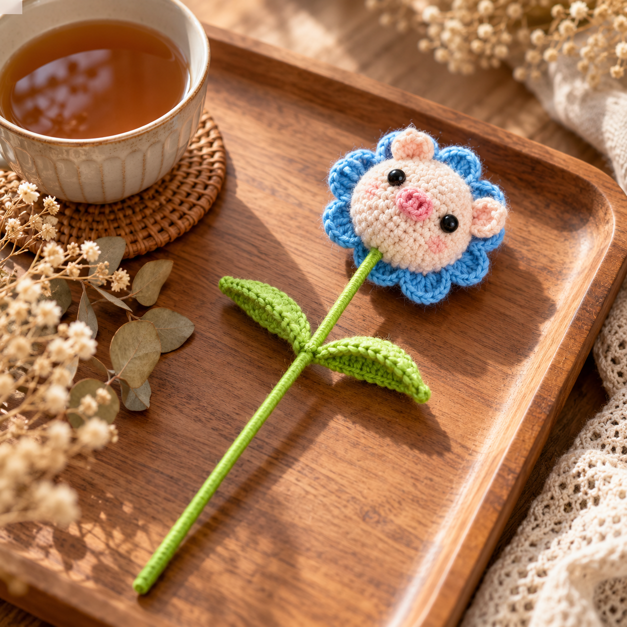 Handmade Crochet Pig Flower Stem