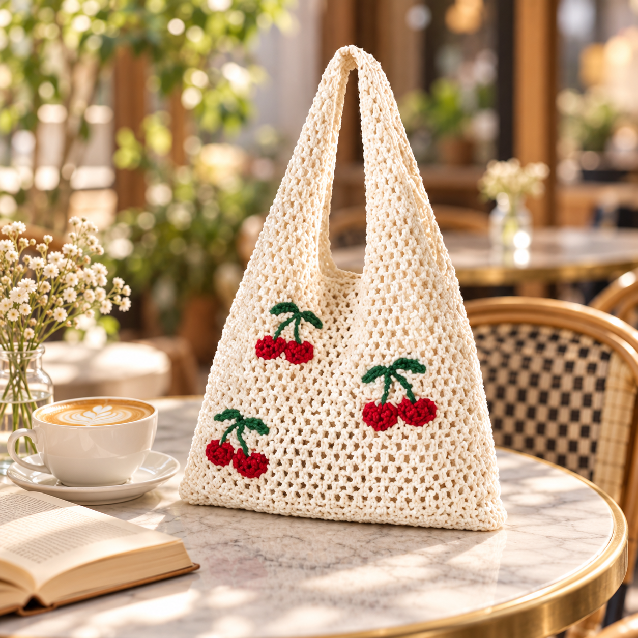 Handmade Crochet Cherry Tote Bag