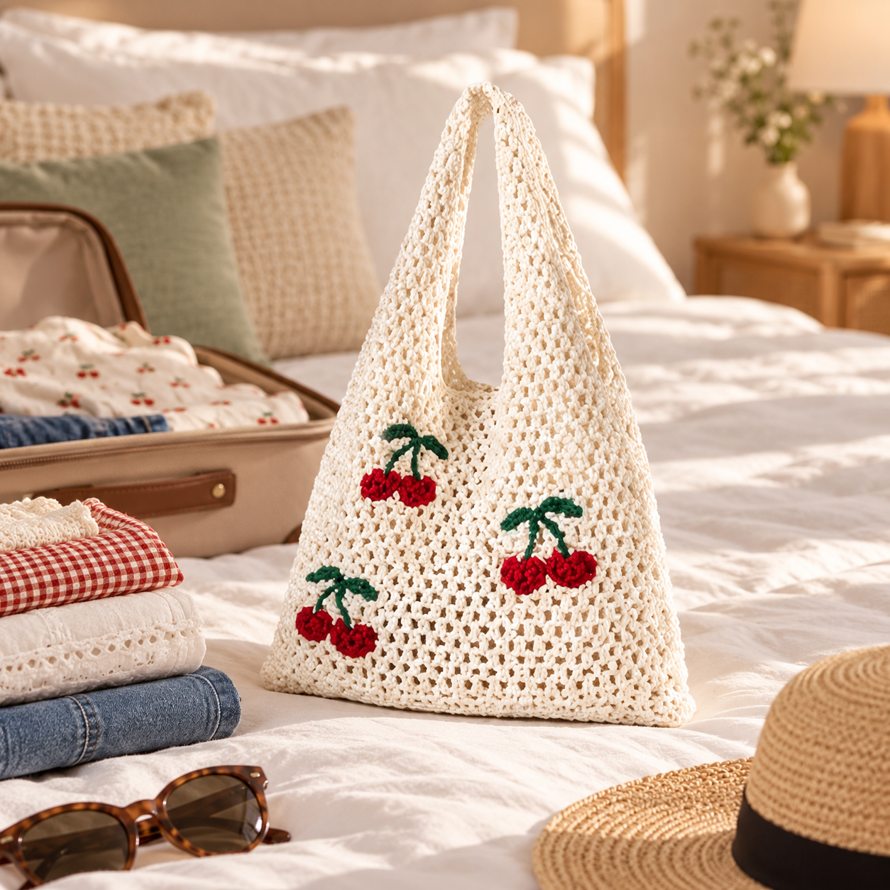 Handmade Crochet Cherry Tote Bag