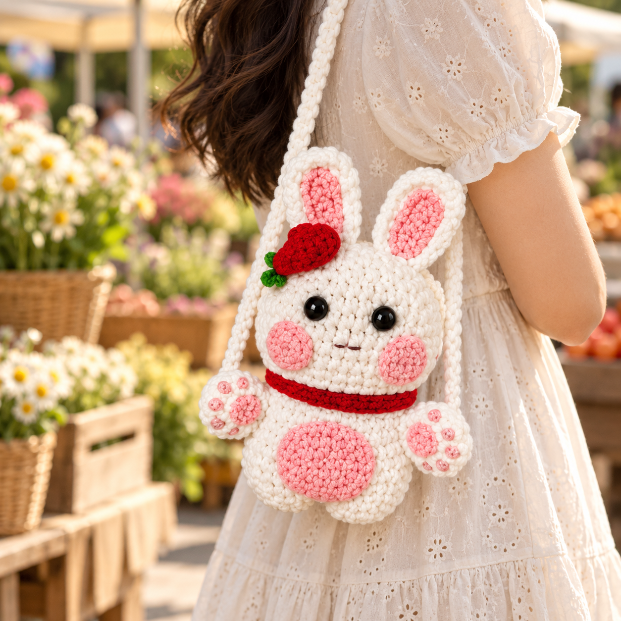 Handmade Crochet Bunny Drawstring Crossbody Bag